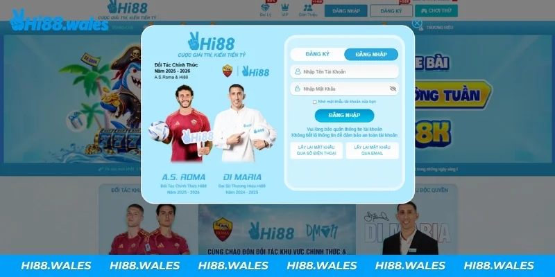 Form đăng nhập Hi88 gồm ô tài khoản, mật khẩu và tùy chọn ghi nhớ mật khẩu