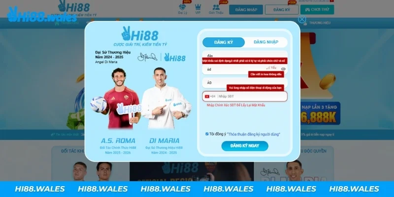 Form Hi88 báo lỗi bằng chữ đỏ ngay dưới ô nhập chưa đúng quy tắc