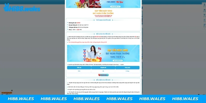 Nạp tiền Hi88 vào ngày 05, 10, 15, 25 hằng tháng nhận thêm 5%
