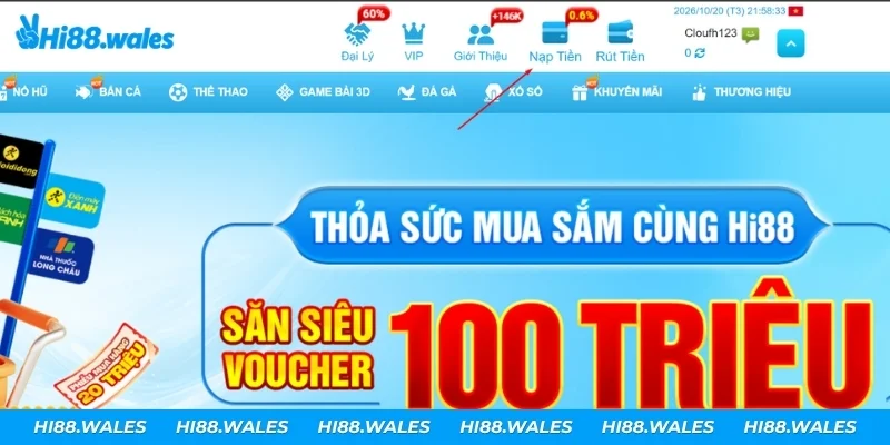 Nhấn biểu tượng Nạp Tiền trên thanh đầu trang chủ Hi88