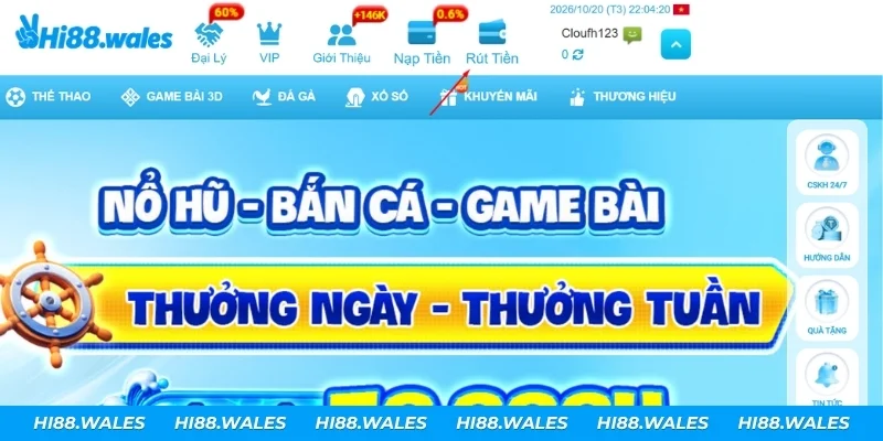 Nhấn biểu tượng Rút Tiền trên thanh đầu trang chủ Hi88
