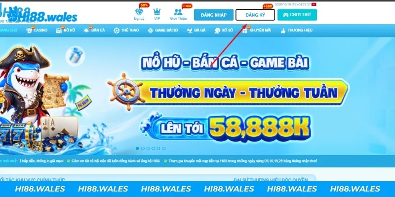 Nhấn nút "ĐĂNG KÝ" ở góc trên bên phải để mở form tạo tài khoản Hi88