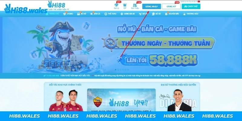 Nhấn nút "ĐĂNG NHẬP" ở góc trên bên phải trang chủ Hi88